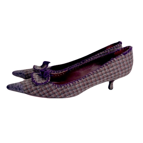 Prada Brown Tweed Purple Croc Embossed Kitten Heels, Size 41 - Picture 2 of 9